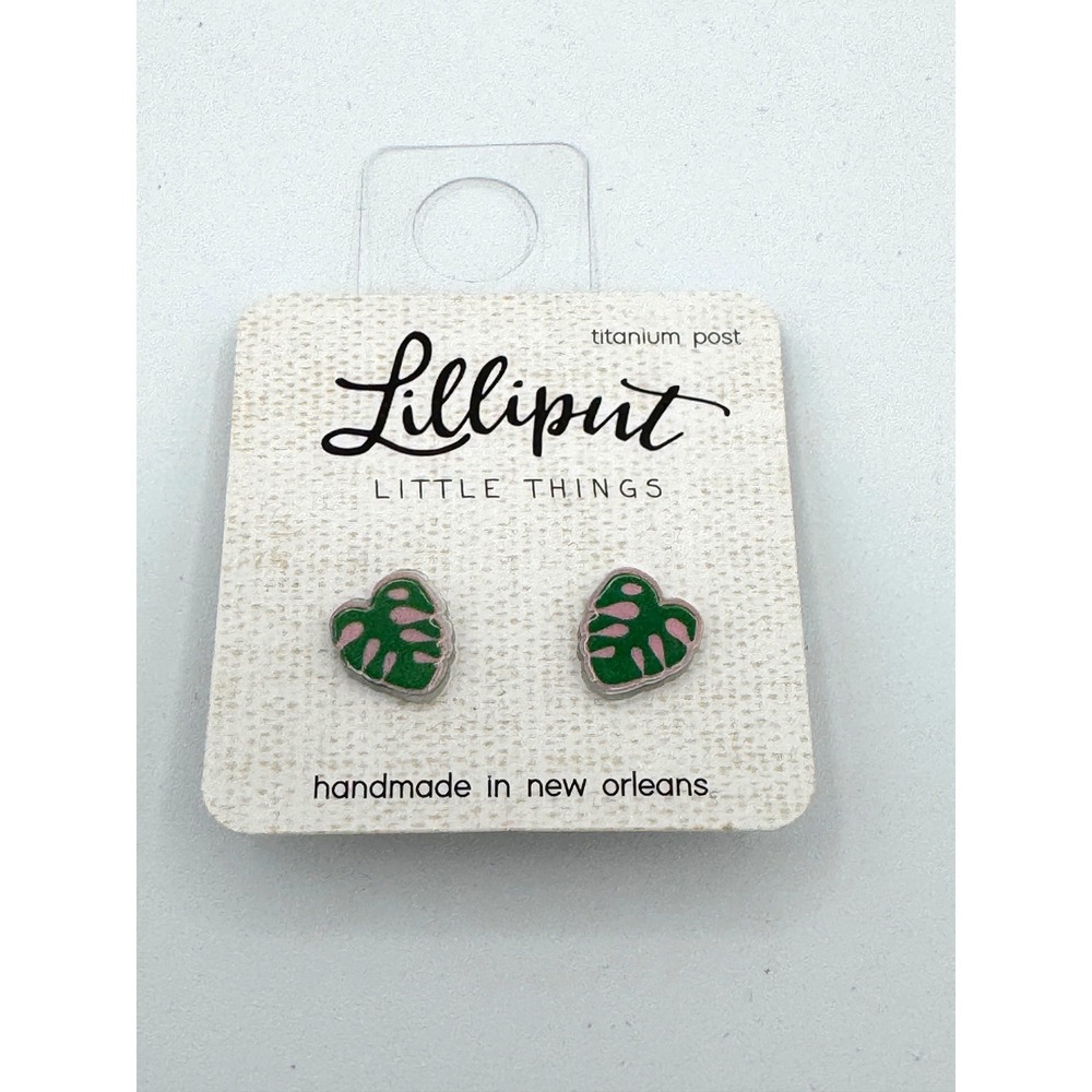 Lilliput Little Things Monstera Leaf Stud Earrings Titanium Post Pink Green NEW